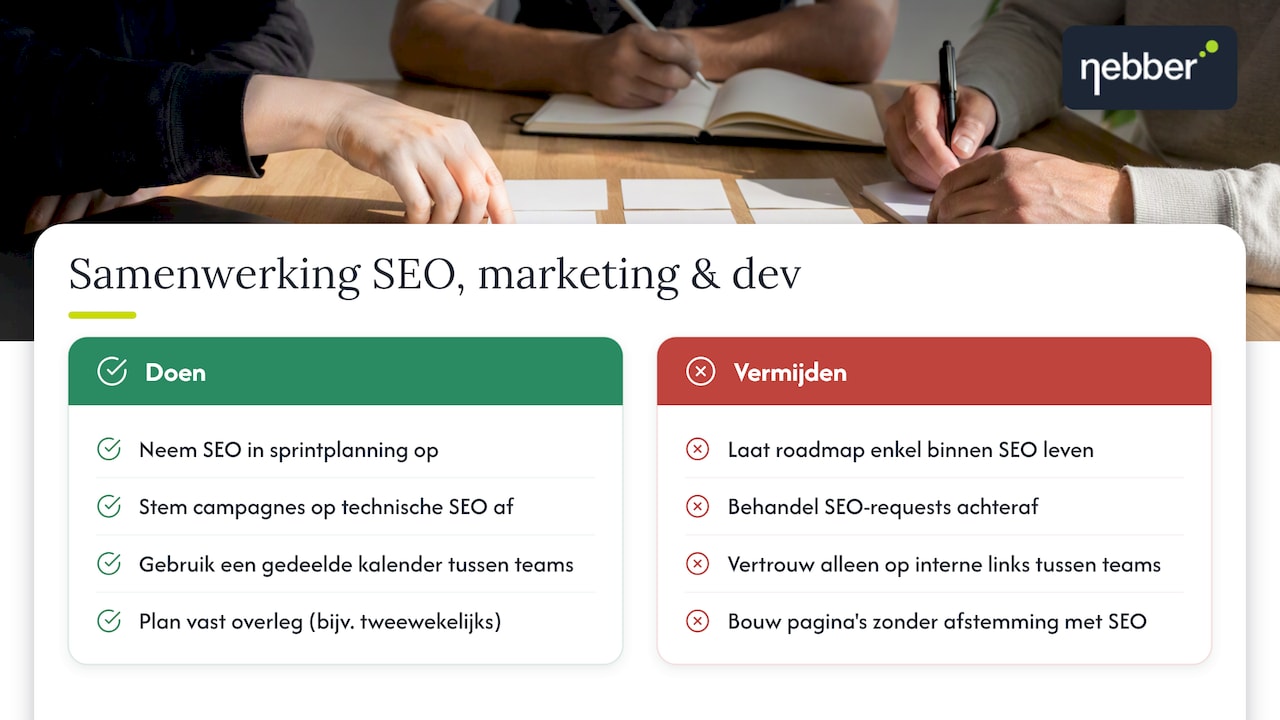 Hoe SEO-projectmanagement samenwerkt met marketing en development — overview diagram