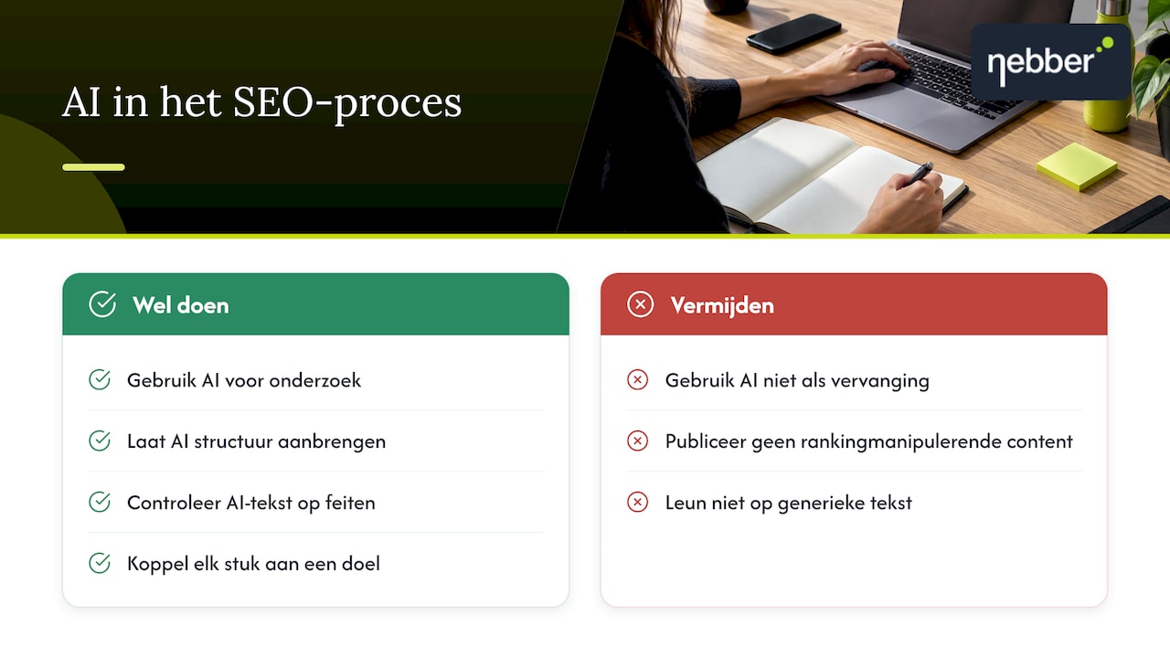 AI in je SEO-project: hulpmiddel, geen uitvoerder — overview diagram